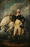  American General George Washington stands in front of a white horse, with Bowling Green and the Battery in the background, on Evacuation Day, November 25, 1783