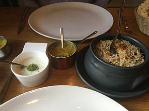 Hydrabadi Biryani with lentils and raitia, Lasan, Birmingham (28490757793)