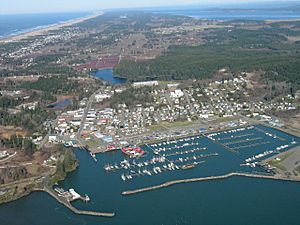 Aerial view of Ilwaco and Ilwaco Harbor. The western edge of Long Beach Peninsula is on the left, and cranberry bogs are visible immediately north of downtown Ilwaco.