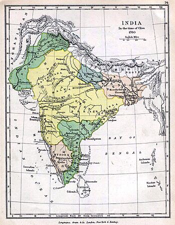 The Maratha Confederacy and controlled regions in 1760 near its peak (yellow)