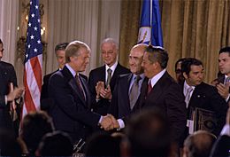 Jimmy Carter and General Omar Torrijos signing the Panama Canal Treaty