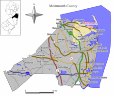 Map of Middletown Township in Monmouth County. Inset (left): Monmouth County highlighted within New Jersey.