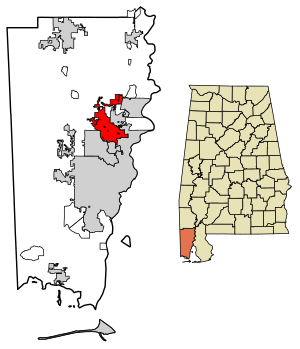 Location of Saraland in Mobile County, Alabama.
