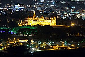 Mysore Palace seen from Chamundi Hill Viewpoint at night