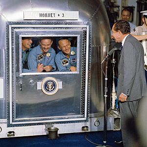 President Nixon welcomes the Apollo 11 astronauts aboard the U.S.S. Hornet
