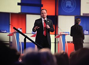 Republican National Committee Chairman Reince Priebus speaks at the final Republican Party Presidential Candidate debate before the 2016 Iowa caucuses