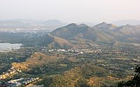 An aerial view of Udaipur and Aravali hills Rajasthan India 2012