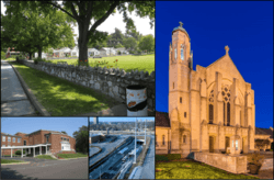 Top left: Neighborhood near Mark Twain Elementary School; Right: St. Mary Magdalen Catholic Church; Bottom left: Brentwood High School; Bottom middle: Brentwood I-64 station