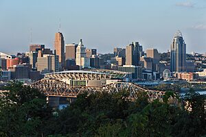 Downtown Cincinnati along the Ohio River, viewed from Devou Park in Covington, Kentucky