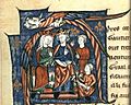An illuminated manuscript, showing Henry and Aquitaine sat on thrones, accompanied by two staff. Two elaborate birds form a canopy over the pair of rulers.