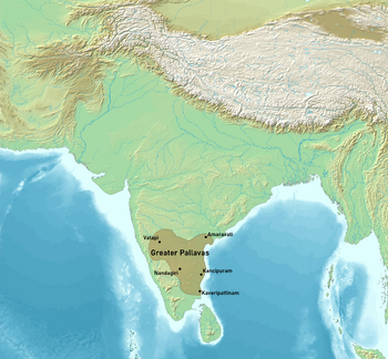Pallava territories during Narasimhavarman I c. 645. This includes the Chalukya territories occupied by the Pallavas.