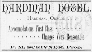 Hardman Oregon Hotel Advertisement 1892