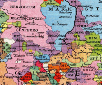 Prince-Bishoprics of Hildesheim, Halberstadtand Magdeburg (violet), about 1250
