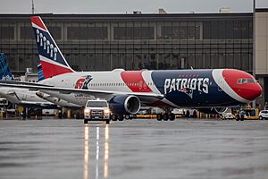 New England Patriots Boeing 763 arrives at Logan International Airport with medical supplies
