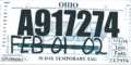 Ohio temporary license plate, Ford (February 2002)