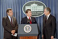 President Ronald Reagan announcing the resignation of William Bennett and nomination of Dr. Lauro Cavazos as Secretary of Education in the Press Room