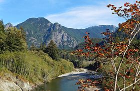 The Pulpit seen from Middle Fork Snoqualmie River Road. Washington state