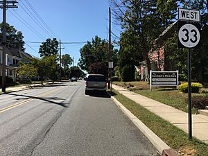 2017-10-02 13 56 51 View west along New Jersey State Route 33 (Mercer Street) at Academy Street in Hightstown Borough, Mercer County, New Jersey