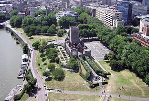 Aerial of ruined St Peter's Church, Bristol, England arp