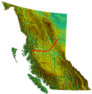 Coastal GasLink route.Wetʼsuwetʼen territory is in the white square
