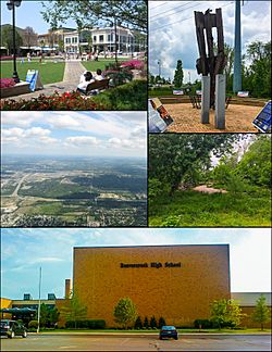 From top left, left to right: The Greene Town Center, 9/11 Memorial, Aerial view of northern Beavercreek, Little Beaver Creek, Beavercreek High School