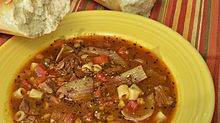 Beef and barley soup with tomatoes and ditalini pasta
