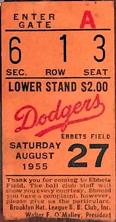 Cincinnati Redlegs at Brooklyn Dodgers 1955-08-27 (ticket)