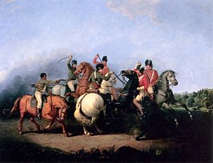 The Battle of Cowpens, painted by William Ranney in 1845. The scene depicts an unnamed black soldier (left) firing his pistol and saving the life of Colonel William Washington (on white horse in center).