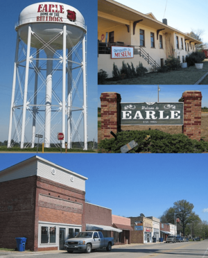 Clockwise from top: Crittenden County Historical Museum, Earle welcome sign, downtown Earle along US 64B, "Home of the Bulldogs" water tower