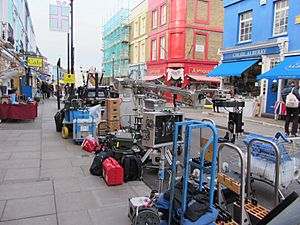 Filming of "Paddington" (2014) on Portobello Road corner of Denbigh Mews, London 26 Nov 2013