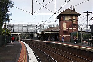 Footscray station signal box and footbridge