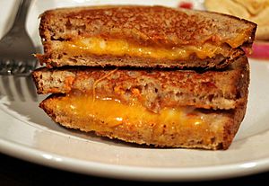 A cross-cut of a grilled cheese sandwich