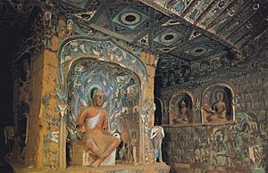 Sculpture and mural from cave 254. Pillar and north wall. Northern Wei. Mogao