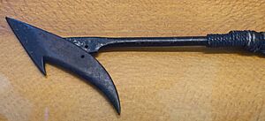 Temple type toggle harpoon, c. 1840s to 1920s, iron, hemp rope twine lanyard - San Francisco Maritime Museum - San Francisco, CA - DSC04089