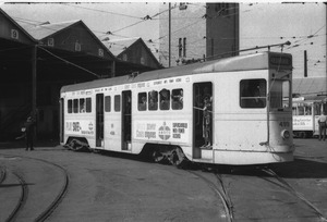 Tram No 499 ready to leave depot with Foco Club members and protesters, Ipswich Road, Woolloongabba, 12 Apr 1969