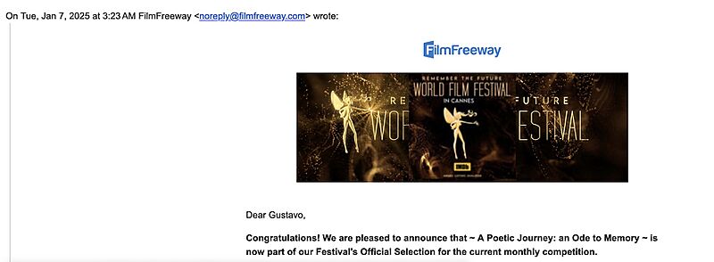 World Film Festival Official Selection email screenshot