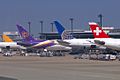 011 Aircraft of various airlines together at Narita Airport, Japan. Swiss Air Lines, United Airlines, Thai Airways