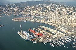 Aerial view over the harbour of Genoa