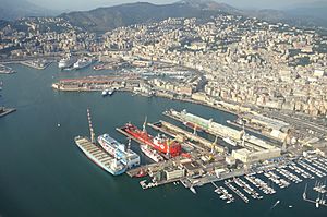 Aerial view over the harbour of Genoa