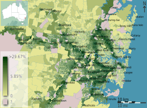 Australian Census 2011 demographic map - Inner Sydney by SA1 - BCP field 7837 One method Train Persons
