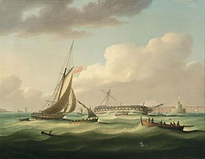 Buttersworth - The wreck of H.M.S. Bombay Castle at the mouth of the Tagus, Lisbon on the 21st December 1796, with the Bugio lighthouse seen beyond