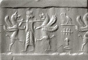 Cylinder seal and modern impression king holding two lion griffins at bay and Egyptian hieroglyphs ca. 6th–5th century BC