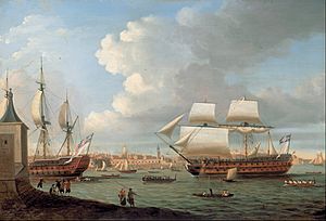 Dominic Serres - Foudroyant and Pégase entering Portsmouth Harbour, 1782 - Google Art Project.jpg