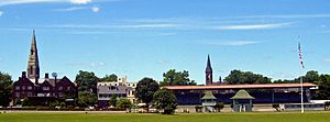 The churches of downtown Goshen seen from the backstretch at the Historic Track.