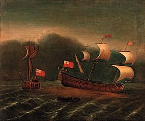 H.M.S Gloucester aground on the Lemon and Ower Sandbank, off Great Yarmouth, with H.R.H. James, Duke of York aboard, 6th May 1682 CSK 2000