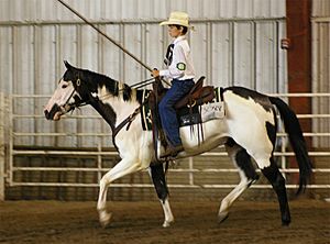 Jordan riding Trigger the Pinto horse (30 July 2008, Nebraska)