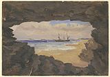 Painting of a shipwreck through a cave mouth