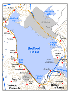 Map highlighting Bedford Basin, Nova Scotia