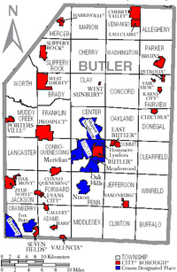 Map of Butler County Pennsylvania With Municipal and Township Labels