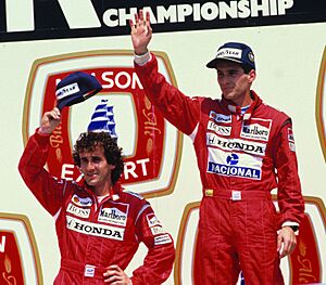 Senna and Prost on the podium, Montreal 1988 (Cropped)